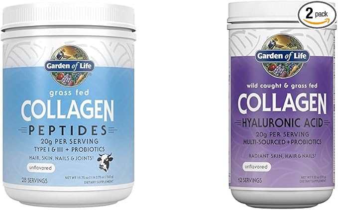 Garden of Life Grass Fed &amp Marine Collagen Peptides Powder Bundle - Unflavored Hydrolyzed Protein for Skin Hair Nails Joints - 28 &amp 12 Servings
