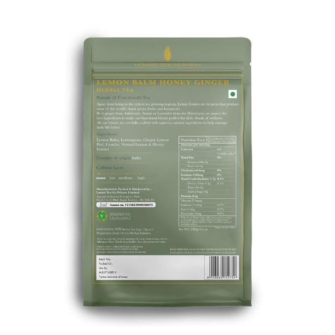 Luxmi Estates Lemon Balm Honey Ginger Organic Lemon Balm Tea (50 Tea Bags) Caffeine Free Tea Bags For Relaxing Calming and Stress Relief With Certified Organic Lemon Balm Tea