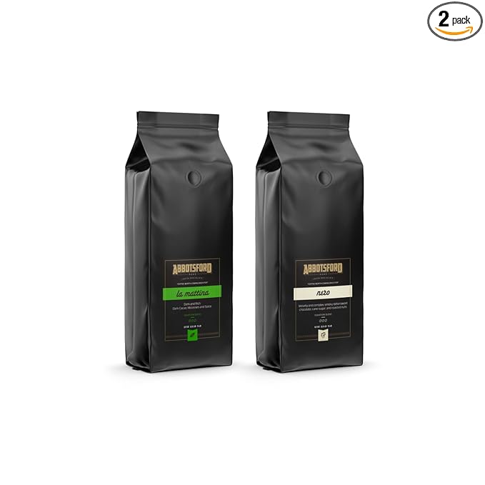 Abbotsford Road - Specialty Coffee Variety Pack Espresso Gourmet Roasted Coffee Beans Ideal for Cold Brew Drip Aeropress Pour Over or Percolator Includes Two 12oz Bags (La Mattina | Nero Ground