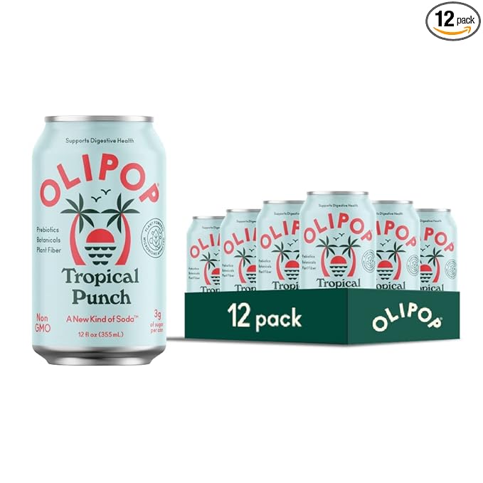 OLIPOP Prebiotic Soda Pop Tropical Punch A New Kind of Soda Packed with Prebiotics Fiber and Botanicals Gluten Free GMO Free 12oz (12-Cans)
