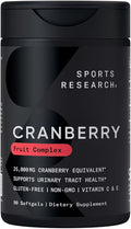 Sports Research Cranberry Fruit Complex Supplement - Softgels for Urinary Tract Health Support - Equal to 25000mg of Cranberries Made with Pacran &amp Vitamins C &amp E - Non-GMO &amp Gluten Free