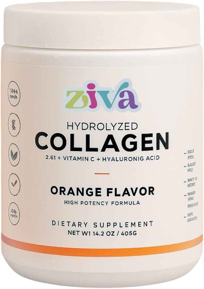 ZIVA Hydrolyzed Collagen – Orange Flavor | with Vitamin C &amp Hyaluronic Acid | High Potency | Dairy-Free Gluten-Free