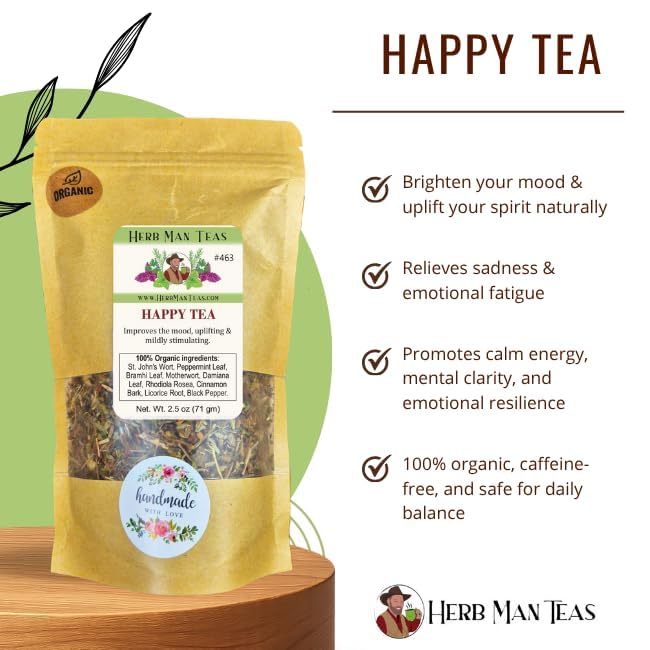 HAPPY TEA – Daily Mood &amp Feel-Good Support – Organic Loose Leaf – by Master Herbalist Khabir | St. John’s Wort Rhodiola rosea &amp Peppermint