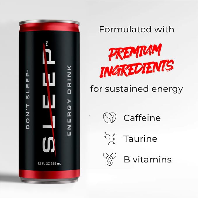 Don't Sleep Energy Drink - 12-Pack Clean energy &amp 100 Calories per Can Caffeine Taurine and B-BVitamins for an Unstoppable Boost - 116mg of Caffeine