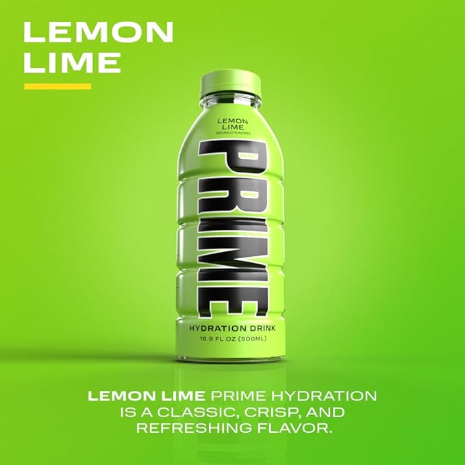 PRIME Hydration LEMON LIME Sports Drinks Electrolyte Enhanced for Replenishing Fluids 250mg BCAAs B Vitamins Antioxidants Low Sugar 16.9 Fl Oz 12 Pack