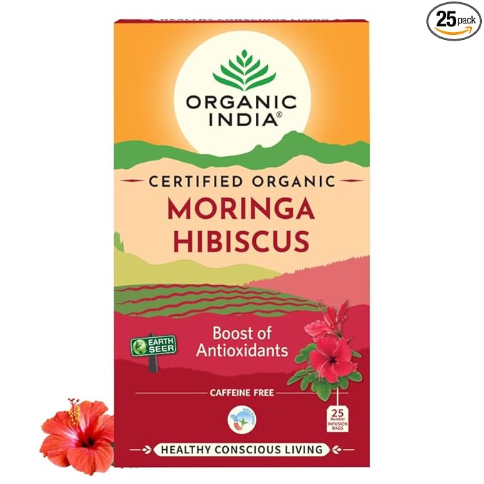 A TATA Product - Organic India Moringa Hibiscus Infusion 25 Tea Bags Certified Organic Antioxidant-Rich Caffeine-Free Whole Herb Blend