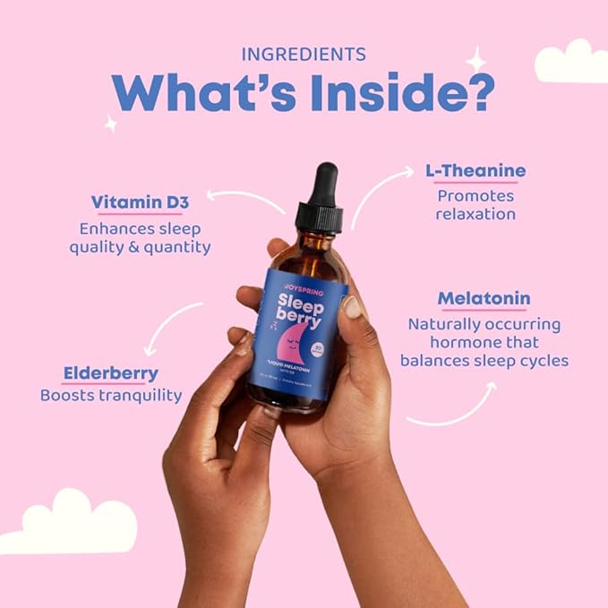 JoySpring SleepBerry Liquid Melatonin for Kids - Natural Sleep Aid with Elderberry and Vitamin D - Boosts Immune System While They Sleep (1 Fl oz) (Pack of 2)