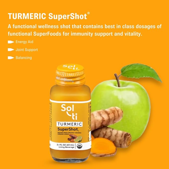 Sol-ti Organic Turmeric SuperShot Drink Black Pepper Enhances Absorption and Bioavailability of Curcumin in Turmeric to Aid in Joint Support SuperFood 12 Pack (2.1 Fl oz)