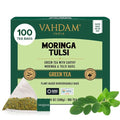 VAHDAM Tulsi Moringa Tea Bags (100 Count) Low Caffeine Non GMO &amp Gluten Free | High Grown Green Tea | Infused Moringa Lemongrass &amp Lemon Basil | Resealable Ziplock Pouch