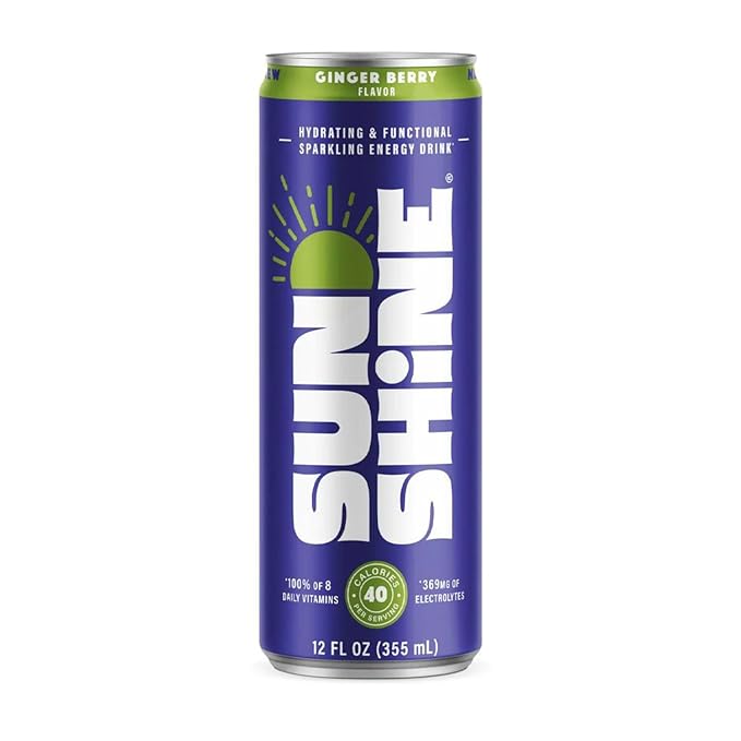 Sunshine Sparkling Energy Drink Ginger Berry with Daily Essential Vitamins 360mg of Electrolytes 70mg of Natural Caffeine 12 Fl Oz (Pack of 24)