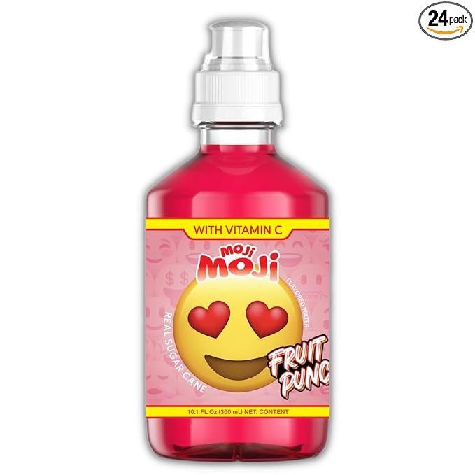MOJI-MOJI Kids Vitamin Drink – with Vitamins A B &amp E Fun Emoji Bottles 4 Flavors Sports Cap Spill-Resistant 10.1 Fl Oz Pack of 24