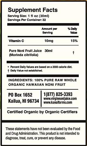 Virgin Noni Juice - RAW (Unpasteurized) 100% Pure Organic Hawaiian Noni Juice - 2 Pack of 32oz Glass Bottles