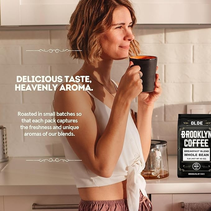 BROOKLYN COFFEE Whole Bean Breakfast Blend Light Medium Roast (5lb) Delicate Smooth Low Acidity - Fresh Bulk Coffee Beans Roasted Weekly in NYC