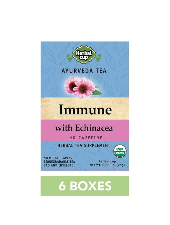 Herbal Cup Ayurveda Immune Tea Organic Echinacea Booster No Caffeine Herbal Teas (Immune Echinacea 16 Count (Pack of 6))