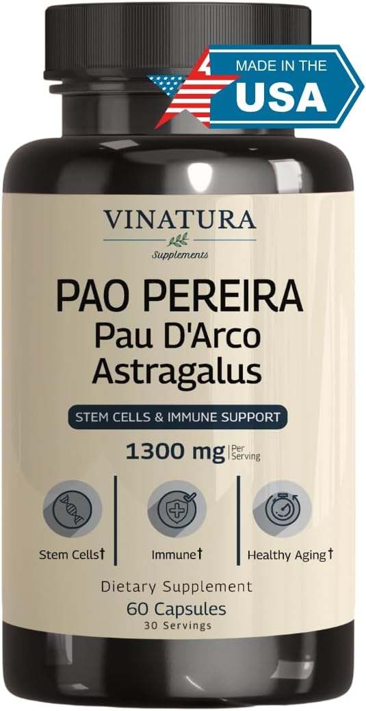 VINATURA Pao Pereira + PAU D'Arco Astragalus - 1300MG Serving USA Made &amp Tested Stem Cells and Immune Support 60 Capsules