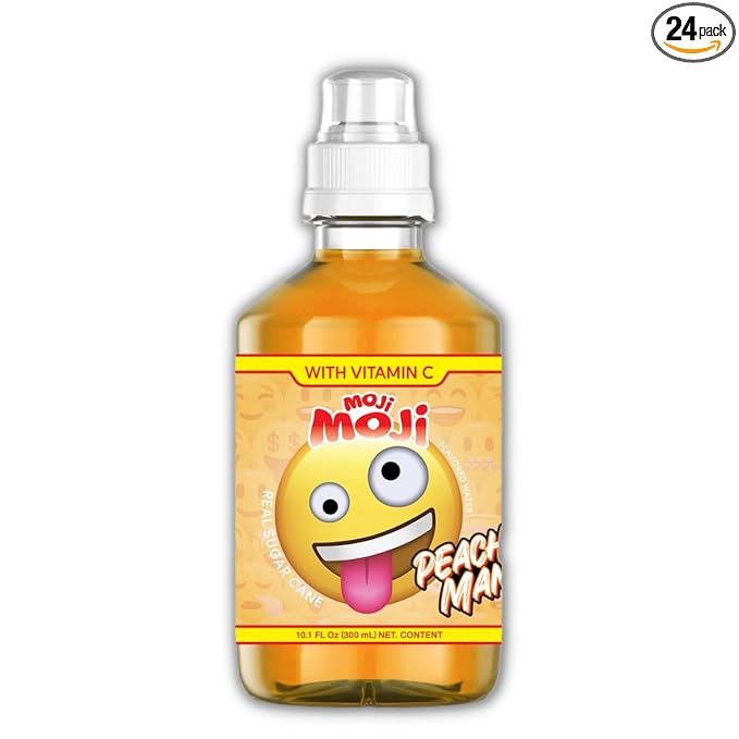 MOJI-MOJI Kids Vitamin Drink – with Vitamins A B &amp E Fun Emoji Bottles 4 Flavors Sports Cap Spill-Resistant 10.1 Fl Oz Pack of 24 (10.1 Fl Oz Peach Mango)