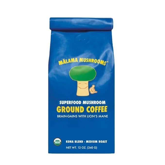 Malama Organic Mushroom Coffee Adaptogenic Mushroom Coffee with Lion's Mane for Focus Memory &amp Inmune Support – Blended with Organic Kona Roast | 12oz Bag