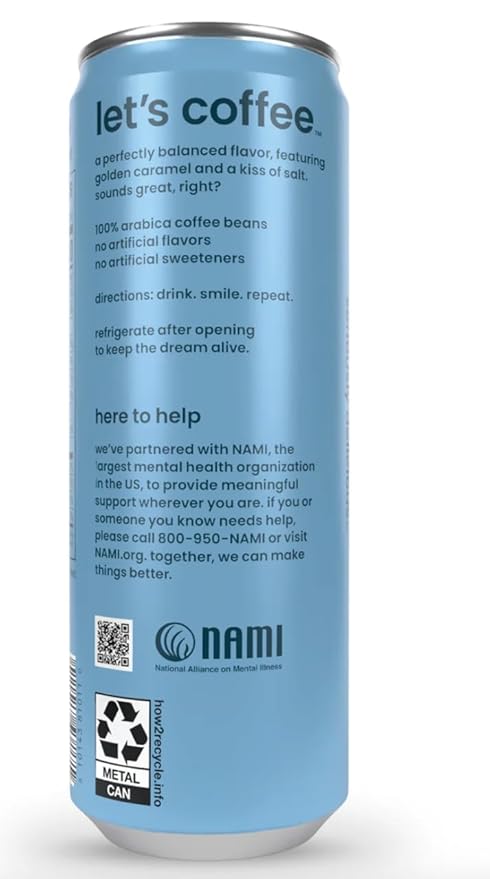 happy coffee salted caramel cold brew 11 oz. cans 12 pack notes of brown sugar &amp brilliance 100% arabica beans no artificial flavors or artificial sweeteners