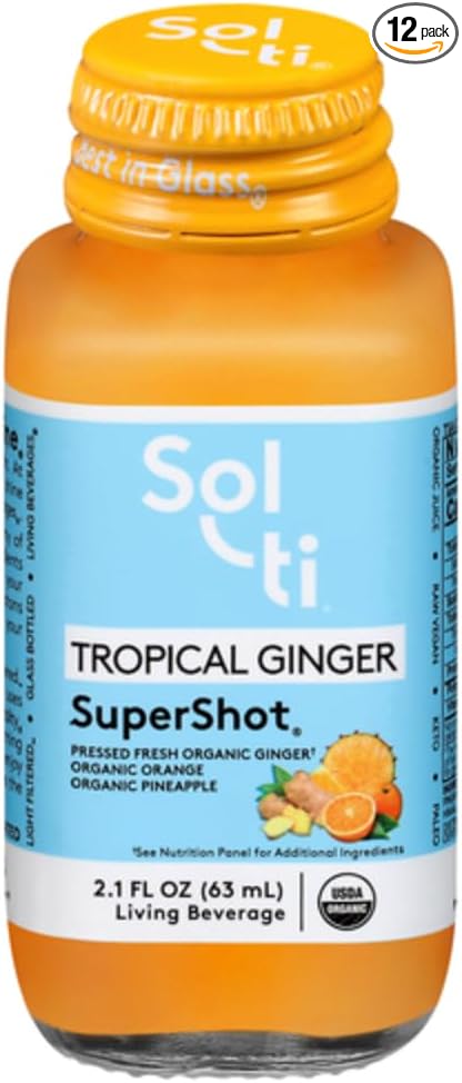 Sol-ti Organic Tropical Ginger SuperShot Drink Aids in Collagen Production and Promotes Skin Elasticity SuperFood Cold-Pressed Fruit Juice Blend 12 Pack (2.1 Fl oz)