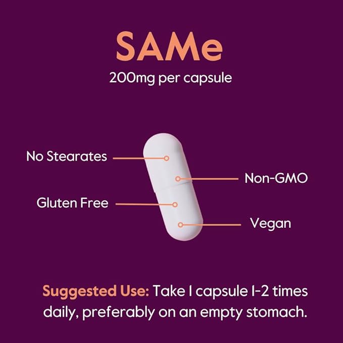 BESTVITE SAM-e 200mg Stabilized (60 Vegetarian Capsules) - Easy to Swallow Capsule Form - No Enteric Coat Needed - No Titanium Dioxide - No Stearates - Vegan - Non GMO - Gluten Free