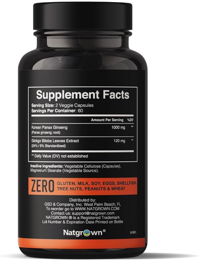 Natgrown Panax Ginseng &amp Ginkgo Biloba Supplement - Red Korean Ginseng &amp Ginko Biloba Capsules for Men &amp Women - Supports Memory Focus &amp Brain Function - Vegan Pills - 120 Count
