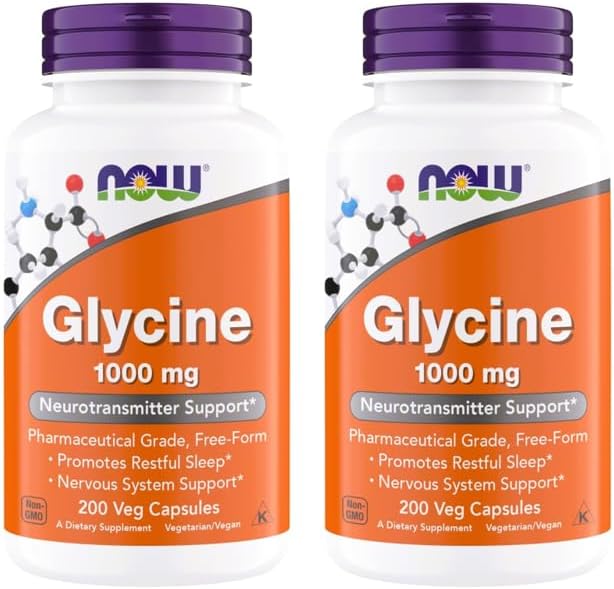 NOW Foods Glycine 1000mg Free-Form Pharmaceutical Grade Neurotransmitter Support* Promotes restful Sleep* Gluten Free Vegan Kosher 200 Vegetarian Capsules (200 Count (Pack of 2))