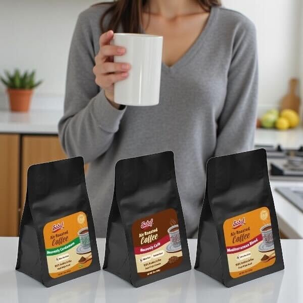 Sadaf Air Roasted Coffee with Cardamom – Ground Heavenly Cardamom Coffee - Ultra Fine Grind 100% Arabica Beans – Smooth Aromatic &amp Spiced Flavor – 12 oz Resealable Bag
