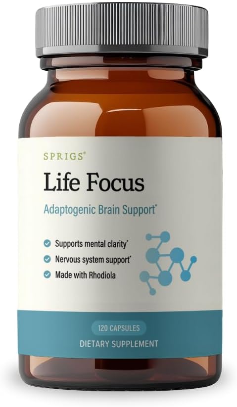 SPRIGS Life Focus Adaptogenic Brain Support Supplement 120 Capsules | Herbal Blend with Organic Rhodiola for the Nervous System Mental Clarity &amp Calm Focus | Non-Stimulating Formula for Steady En