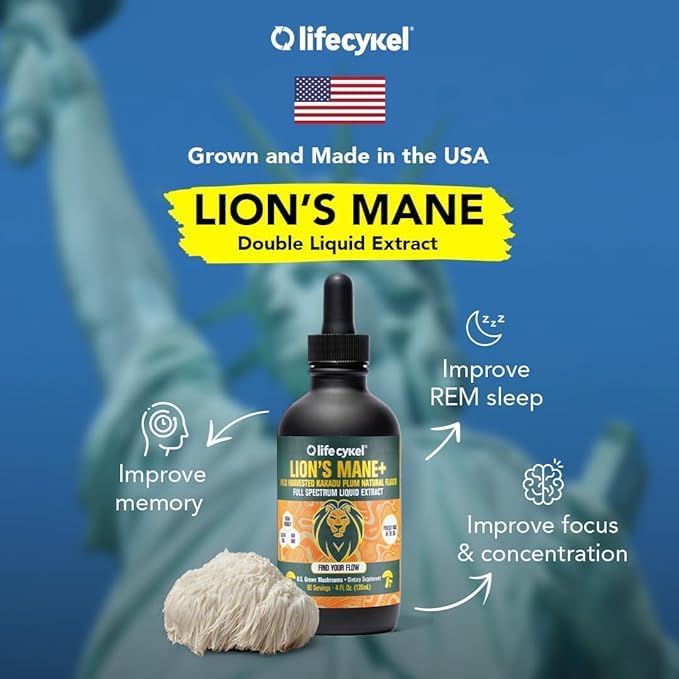 Life Cykel - Lion's Mane Mushroom Extract with Kakadu Plum - Brain Booster Nootropic for Memory Focus &amp REM Sleep - Non-GMO Organic Mushroom Tincture - 4 Fl Oz (60 Servings)