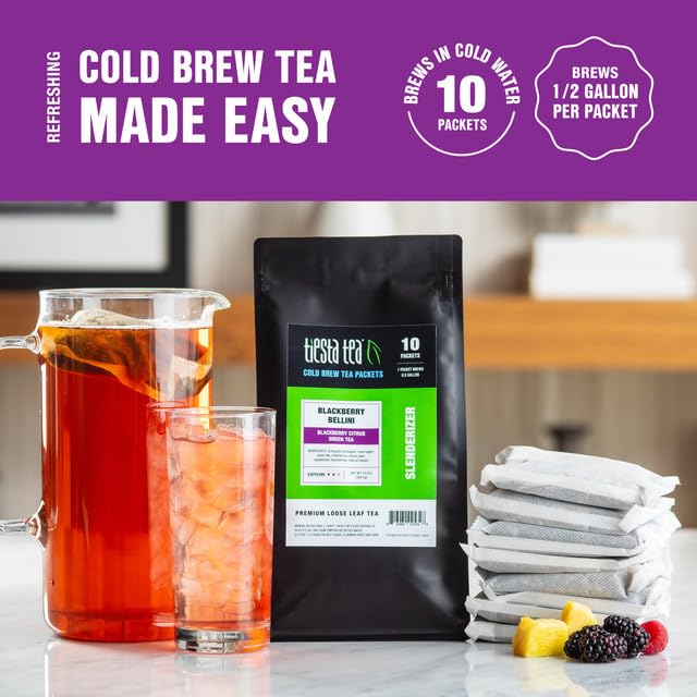 Tiesta Tea - Blackberry Bellini Cold Brew Loose Leaf Blackberry Citrus Green Tea Medium Caffeinated Cold Brew Packets Makes 64 oz of Pitcher Per Bag (Pack of 10)