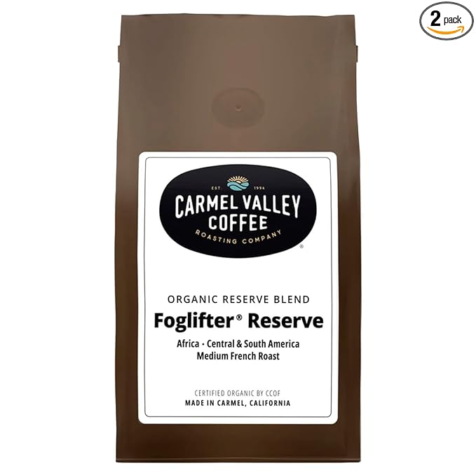 Carmel Valley Coffee Roasting Foglifter® Reserve – Whole Bean Organic Medium Dark Roast Coffee Connoisseur's Premium Blend Citrus Zest &amp Toffee Notes 12 Ounce Bag (2 Pack)