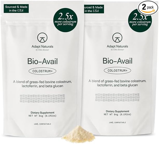 Adapt Naturals Colostrum Supplement with Lactoferrin &amp Beta-Glucan Bio-Avail Grass Fed Bovine Colostrum Powder for Gut Health Immune Support &amp Vitality | Non-GMO 2500mg Unflavored - 60 Day