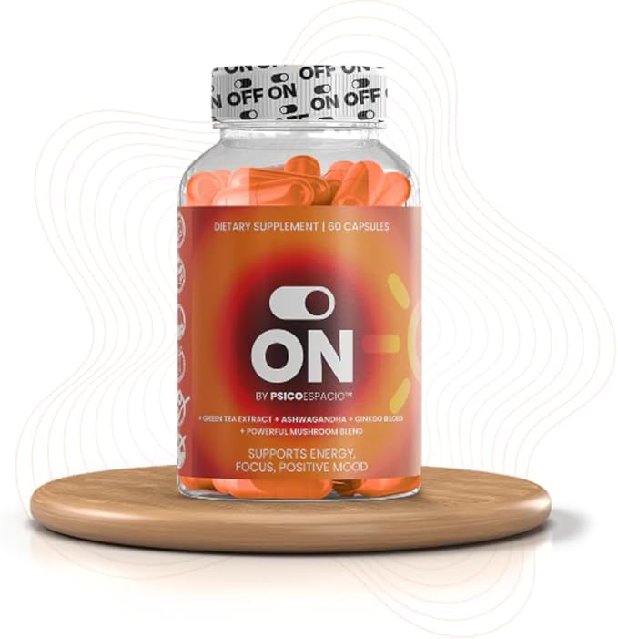 ON by Psicóespacio Dietary Nutritional Supplement All day Energy Pills for Adults Natural Energy Supplement Supports Energy Focus and Positive Mood (60 count Pack of 1)