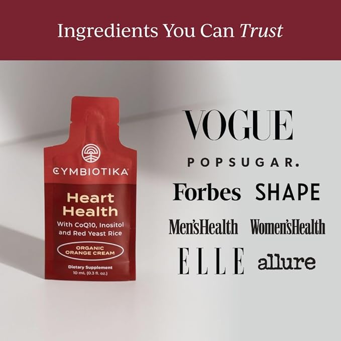 CYMBIOTIKA Heart Health Supplement with CoQ10 Red Yeast Rice &amp Inositol Gluten Free Supplements to Support Circulation &amp Aging Organic Orange Cream Flavor 30 Pack