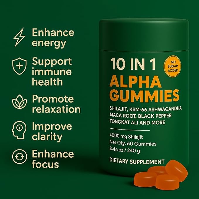 Alpha Gummies 10 in 1 for Men | 4000mg Himalayan Alpha Shilajit Gummies for Energy &amp Immune | 75% Fulvic Acid 85+ Trace Minerals Ashwagandha Gokshura | No Added Sugar Non-GMO 60 Count (1)