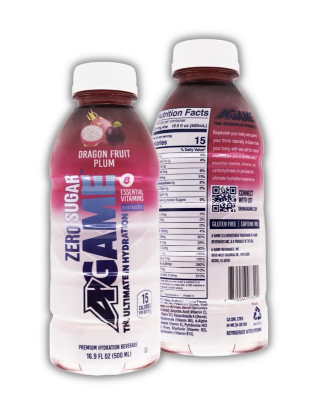 A-GAME Zero Sugar Sports Drink Dragon Fruit Plum Zero Sugar The Ultimate Sugar Free Hydration Sports Beverage 8 Essential Vitamins including B C &amp E plus Sea Salt Electrolytes All Natural Fl
