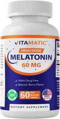Vitamatic Melatonin 60 mg Fast Dissolve Tablets - 60 Vegan Natural Berry Flavor Tablets - Non-Habit Forming - Non-GMO Gluten Free (1 Bottle)