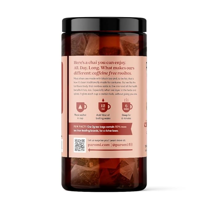 Paromi Cinnamon Chai Rooibos Organic Tea Signature Jar 15 Count (Pack of 6)