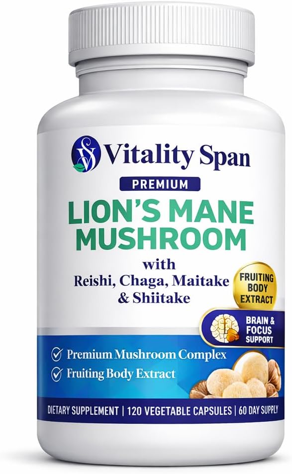 Lions Mane Supplement Capsules – Lion’s Mane Mushroom Extract for Brain &amp Focus Support – Fruiting Body 5 Mushroom Complex 1400mg 120 Veg Capsules Made in USA