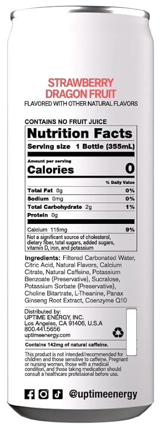 UPTIME Energy Drink Strawberry Dragon Fruit Sparkling 12 Pack L Theanine Calcium Zero Sugar Energy Drinks for Focus Support 142mg Natural Caffeine 0 Calories Natural 12 fl oz Cans