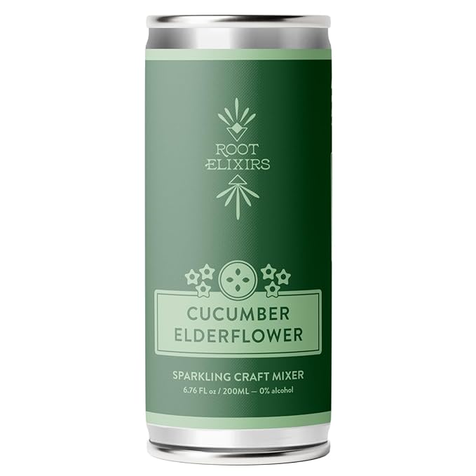 Root Elixirs Cucumber Elderflower Sparkling Cocktail Mixer Zero-Proof Mocktail Mixer Real Citrus + Elderflower 200ml Cans (8-Pack)