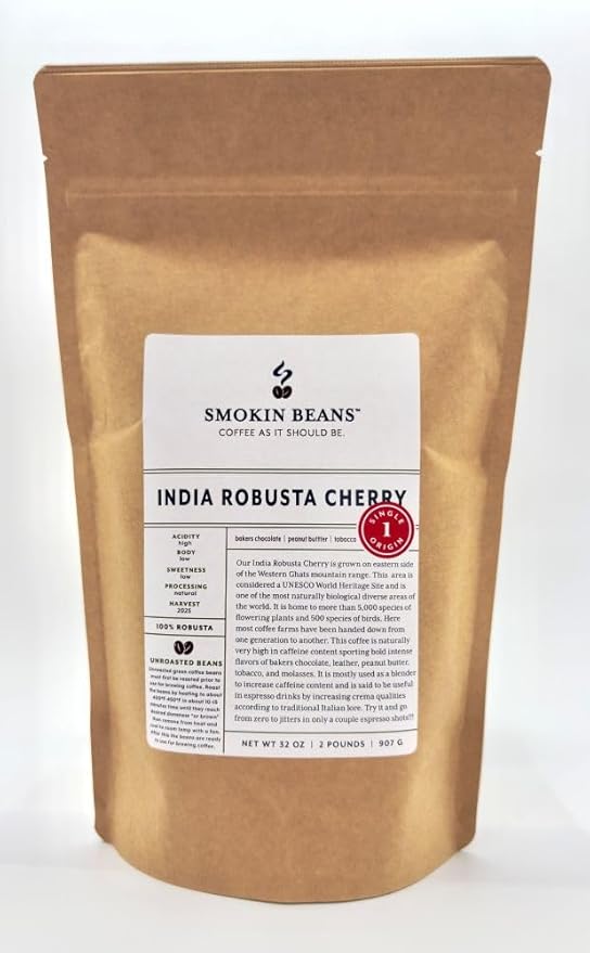 2-Pound India Robusta Unroasted Green Arabica Coffee Beans Fresh Current Crop Specialty Grade Roast the Beans Yourself at Home on Your Roasting Equipment Prior to Using for Brewing Coffee