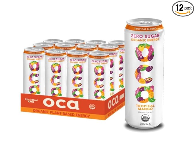 OCA ZERO Tropical Mango Organic energy drink zero sugar gluten-free vegan plant-based 12 Fl Oz (12-pack)