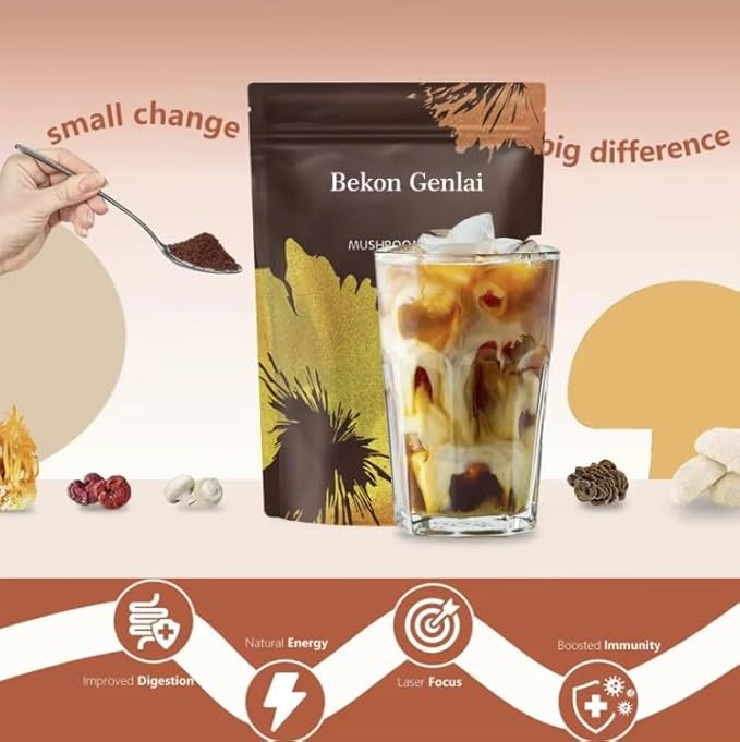 Bekon Genlai Mushroom Coffee – 2000mg Functional Mushroom Blend with Lion’s Mane Reishi Cordyceps Shiitake Turkey Tail &amp King Trumpet – Instant Arabica Coffee – Focus Immunity &amp Energy Su