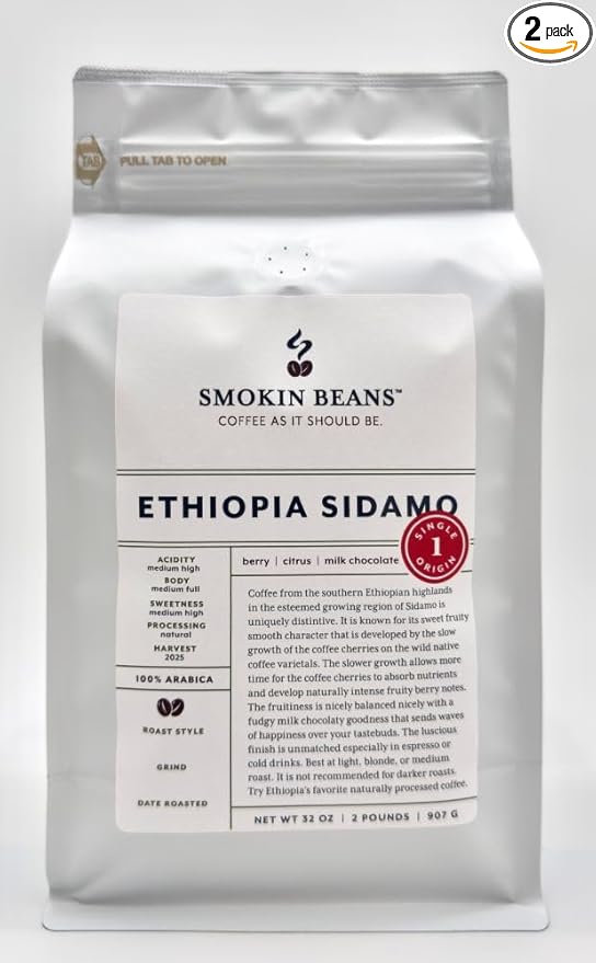 Smokin Beans 2-Pound Ethiopia Sidamo Freshly Roasted Coffee Natural Processing Medium Roast Premium Whole Bean Specialty Coffee