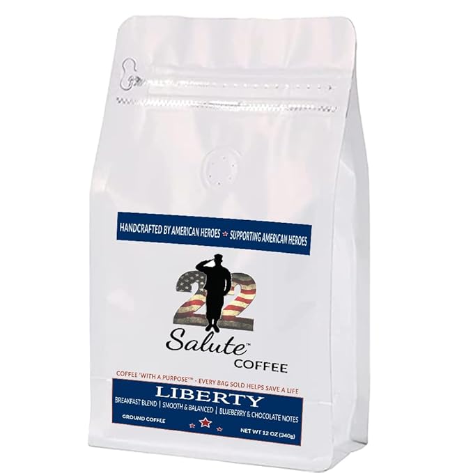 22 Salute Liberty Blend Ground Coffee Medium Roast Breakfast Blend 100% Specialty Arabica Coffee With Chocolate &amp Blueberry Flavor Notes 12oz Bag