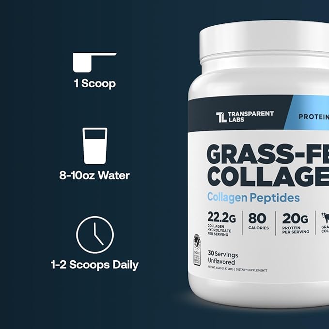 Transparent Labs Grass-Fed Collagen Peptides Powder - Collagen Powder for Women &amp Men 22G Bovine Hydrolyzed Collagen Peptides Powder for Skin Hair Joint &amp Muscle Recovery - Unflavored 30 S