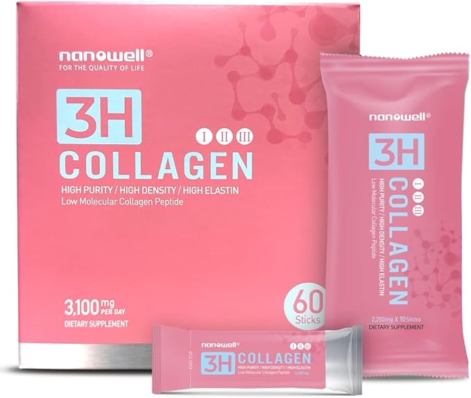 NANOWELL 3H Collagen Peptide 60 Sticks X 5 Boxes for 5 Months - I II &amp III with Vitamin AC E Hydrolyzed Elastin Peptide and Hyaluronic Acid - Hair Nail Skin and Joint Support (300 Count)
