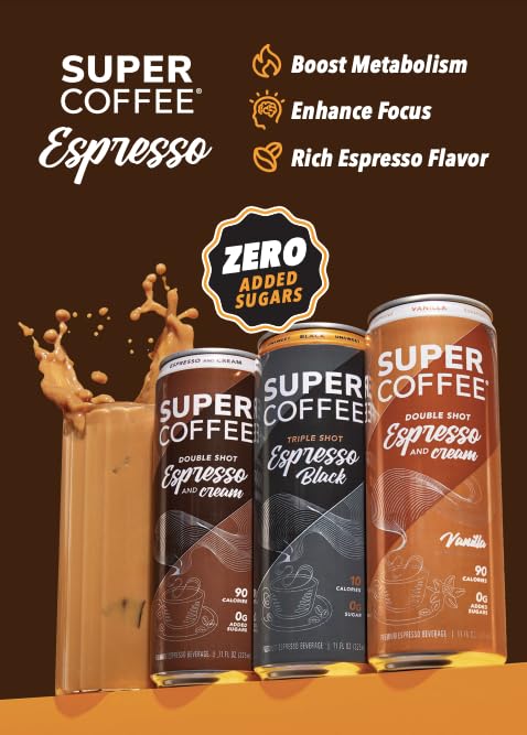 SUPER COFFEE Espresso Iced Keto Coffee (0g Added Sugar 10 Calories) [Triple Shot Black] 11 Fl Oz 12 Pack | Cold Brew Smart Coffee Drinks - SoyFree GlutenFree