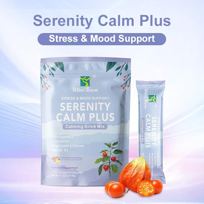 Serenity Calm Plus Drink Mix–Daily Stress&ampMood Support Ashwagandha L-Theanine Magnesium Glycinate&ampVitamin D3–Refreshing Raspberry Lemonade Non-Drowsy Calm–20 Sachets
